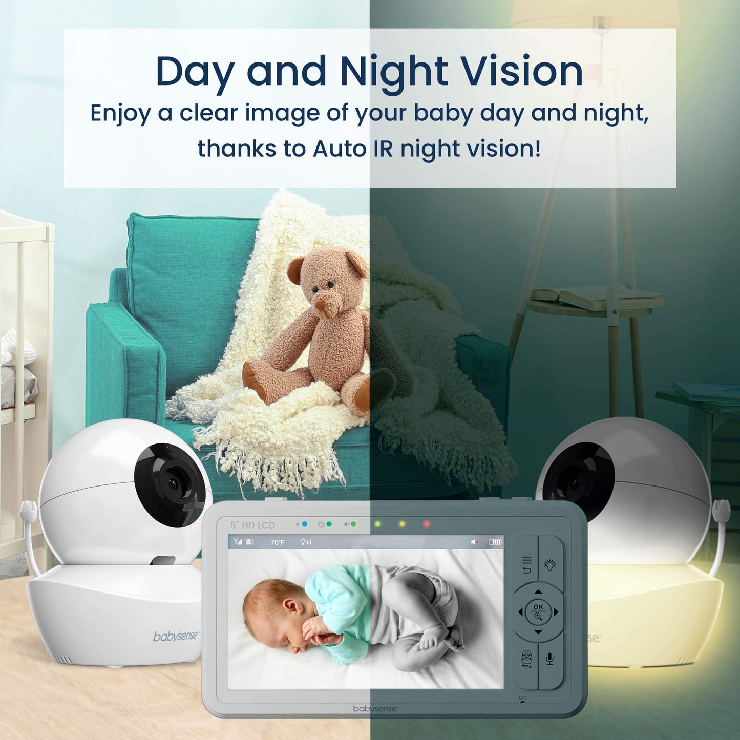 Babysense 5' Hd Split-Screen Baby Monitor, Video Baby Monitor With 2 Cameras And Audio, Night Light, 960Ft Range, Two-Way Audio