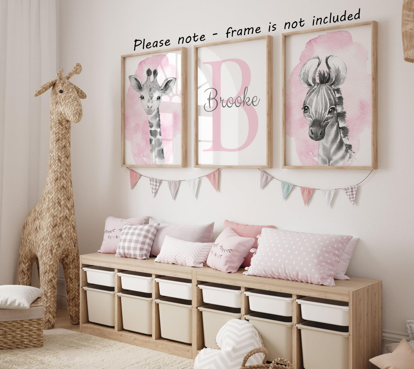 Safari Animals Set Of 3 Unframed Poster Prints For Baby Girls Nursery Bedroom Playroom, Personalized Name, Choice Of 12 Animals,
