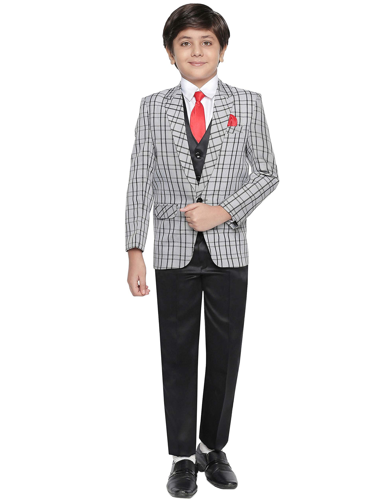 Jeetethnics Boys Grey Checked Coat Suit Set With Waistcoat Shirt And Trousers (9057Aq)