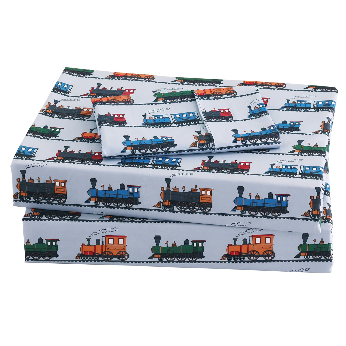 Viviland 3 Pieces Boys Grey Twin Sheet Set - Soft Microfiber Fitted Flat Sheets & Pillowcase - Retro Train Print Bedding Sets - 