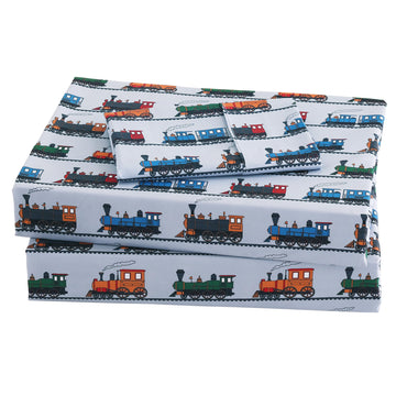 Viviland 3 Pieces Boys Grey Twin Sheet Set - Soft Microfiber Fitted Flat Sheets & Pillowcase - Retro Train Print Bedding Sets - 