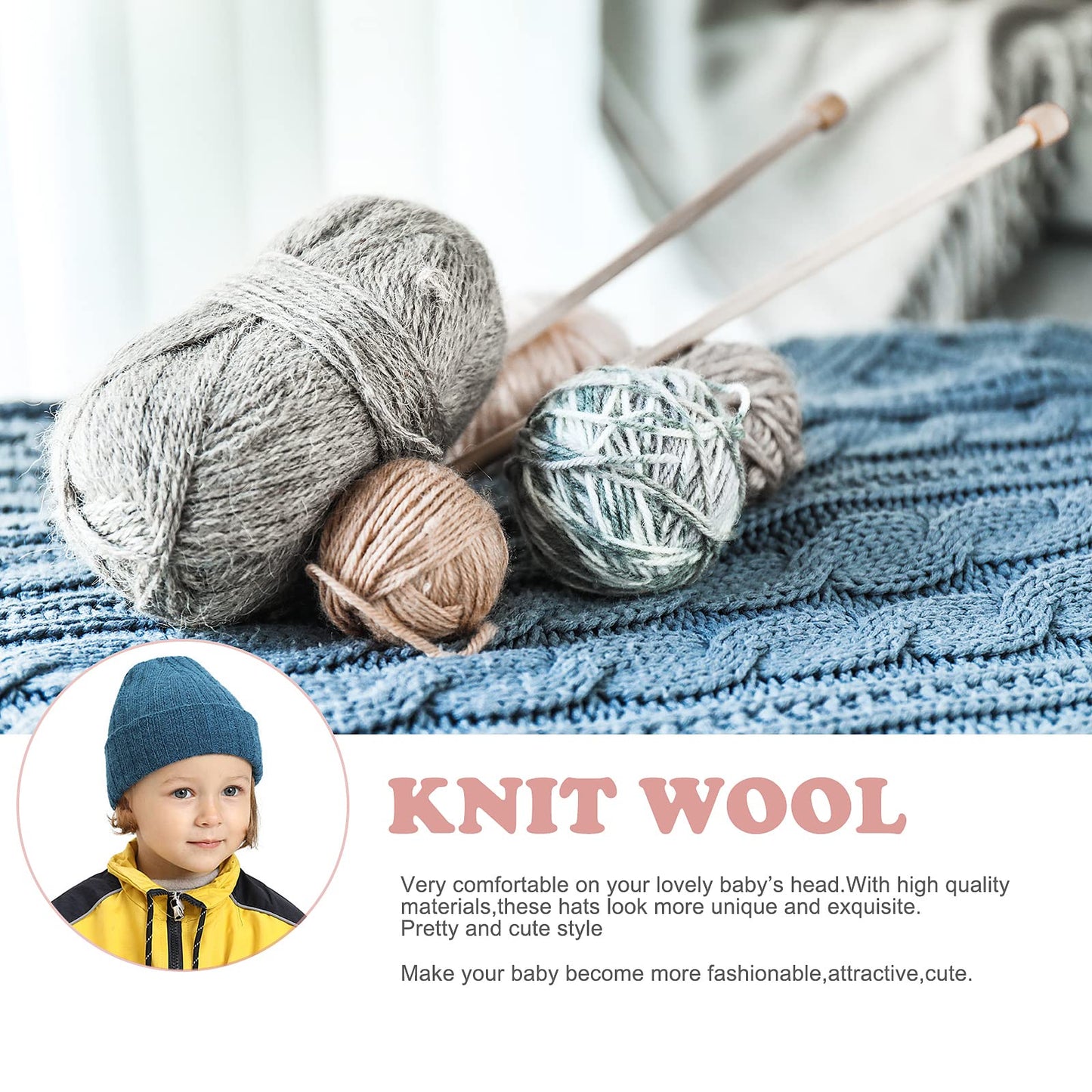 Newborn Baby Wool Hat Cap Turban Toddler Warm Hat Kids Baby Cap Set (White+Pink)