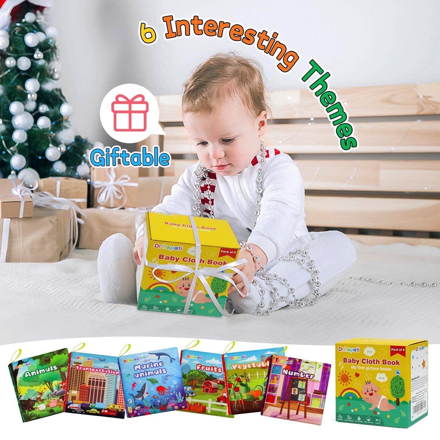 Dr.Rapeti Soft Cloth Books Baby Books Bath Books 6-Pack for Baby Infant Toddler Kids Crinkle Squeaky Washable Chewable Non-Toxic