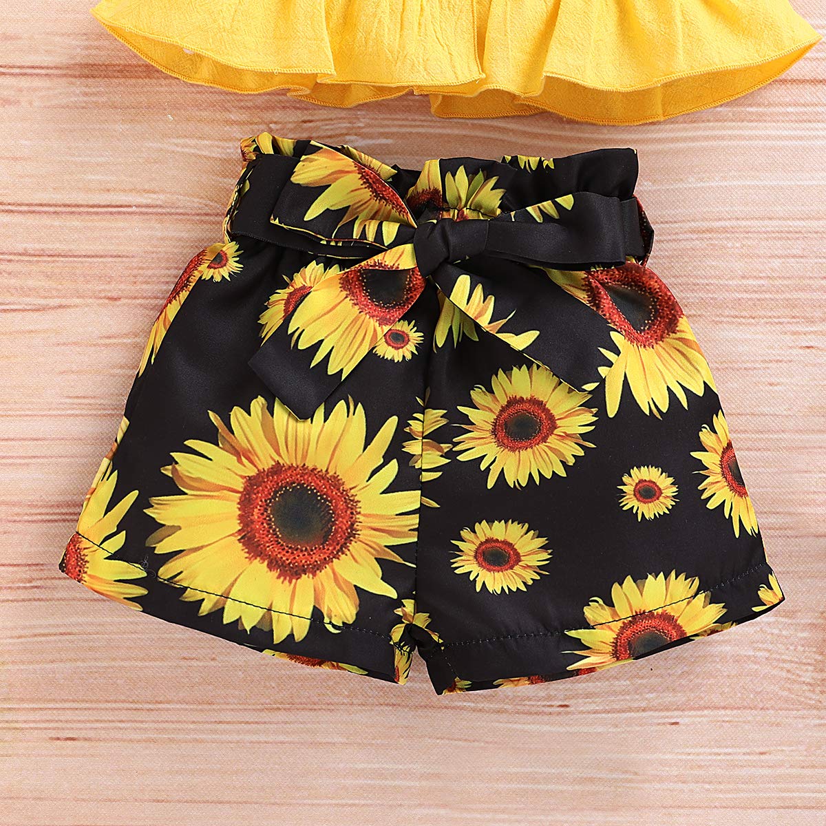 Kucnuzki Toddler Baby Girl Clothes Summer Outfits Ruffle Sleeveless Linen Shirt Kid Short Set For Girl (6-9 Months, Yellow+Black