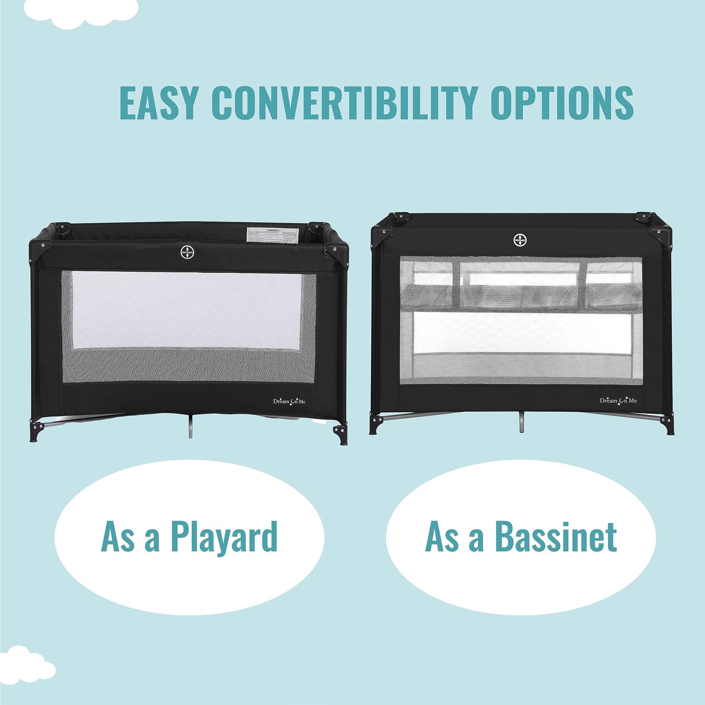 Dream On Me Zazzy Portable Playard with Bassinet in Black, Lightweight Packable and Easy Setup Baby Playard with Mattress and Tr