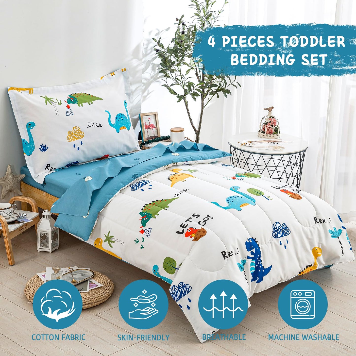 Djy Cotton Toddler Bedding Set For Boys Girls, 4 Pieces Dinosaur Toddler Bed Comforter Set, Includes Quilted Comforter, Flat She
