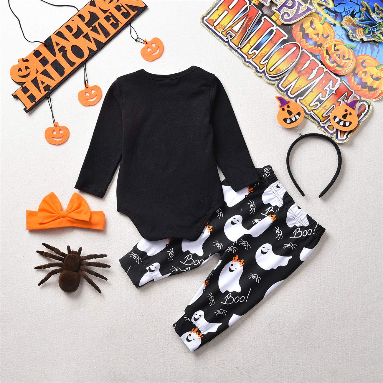 Hiha Baby Halloween Outfits Toddler Girls Boys One Piece Romper Ghost Pants Headband Halloween Clothes 3Pcs (Girls, 0-3Months)