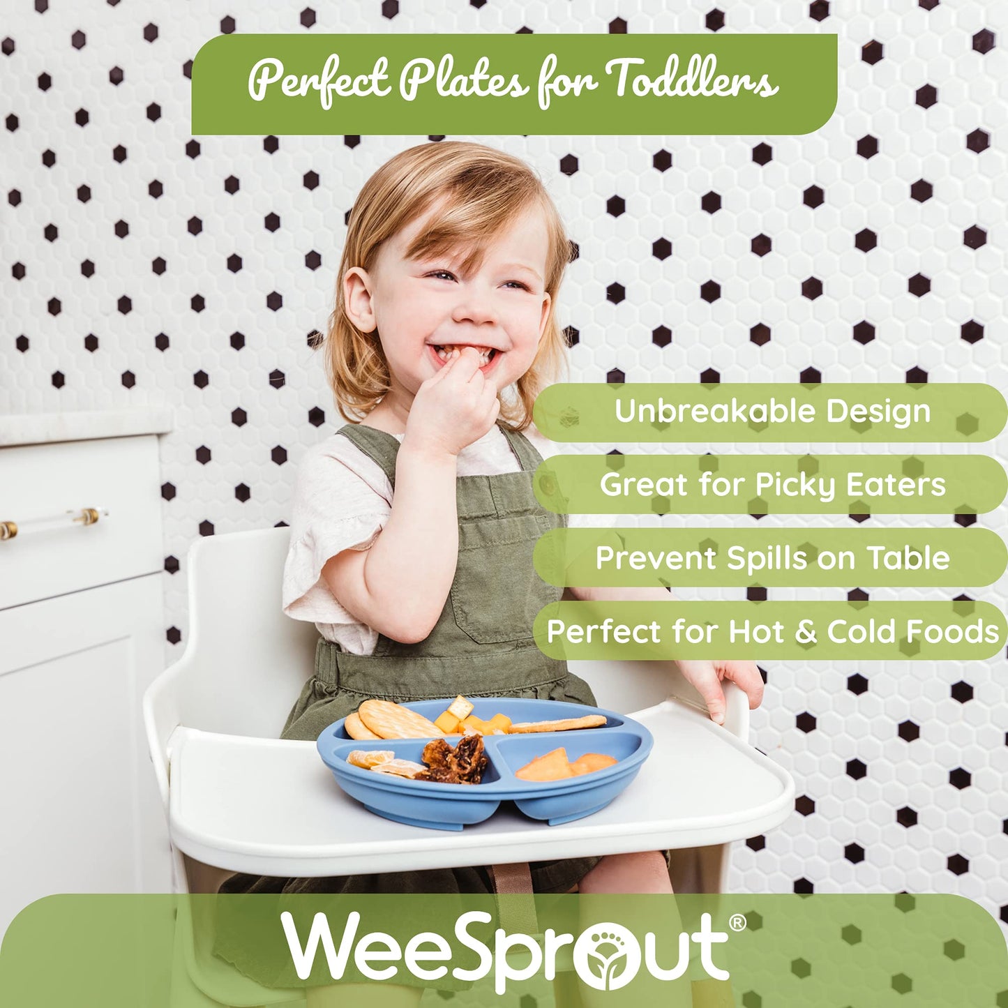 WeeSprout Silicone Plates for Babies & Toddlers (3 Pack) 100% Food-Grade Dishes for Self Feeding, Divided Design & Raised Edges