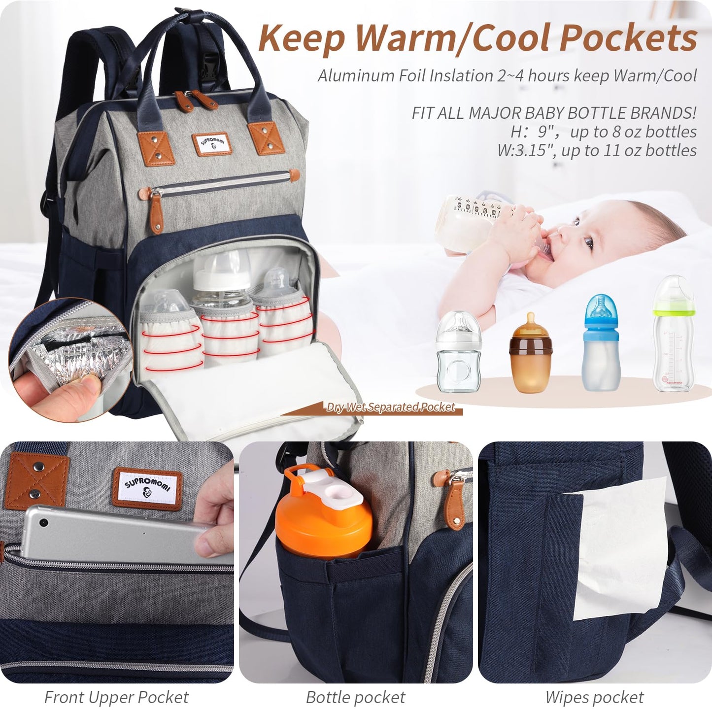 Supromomi Diaper Bag Backpack: Tote Baby Bag For Boy And Girl, Large Mommy Bag Insulated Pockets Charger Holes For Men And Women