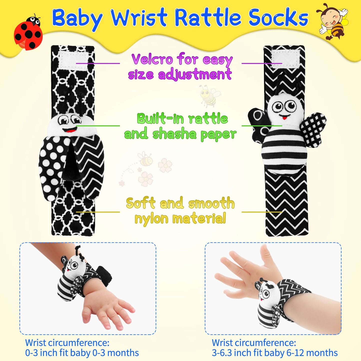 Baby Toys 0-6 Months, 4PCS Foot Finders & Wrist Rattles for Infants Toys Black and White Sensory Toys Baby Essentials for Newbor