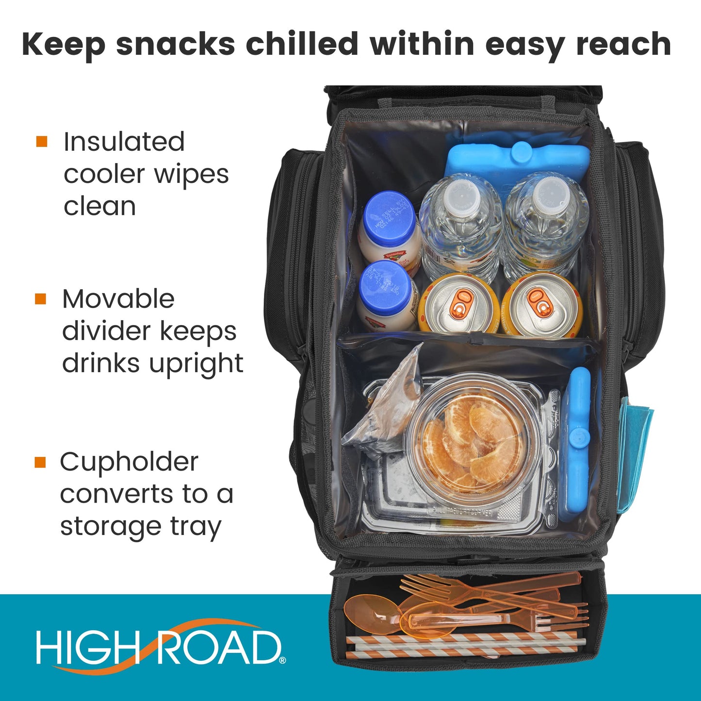 High Road CarHop Car Organizer for Kids and Passenger Seat Organizer for Adults - Road Trip Cooler with Car Cup Holder Tray and