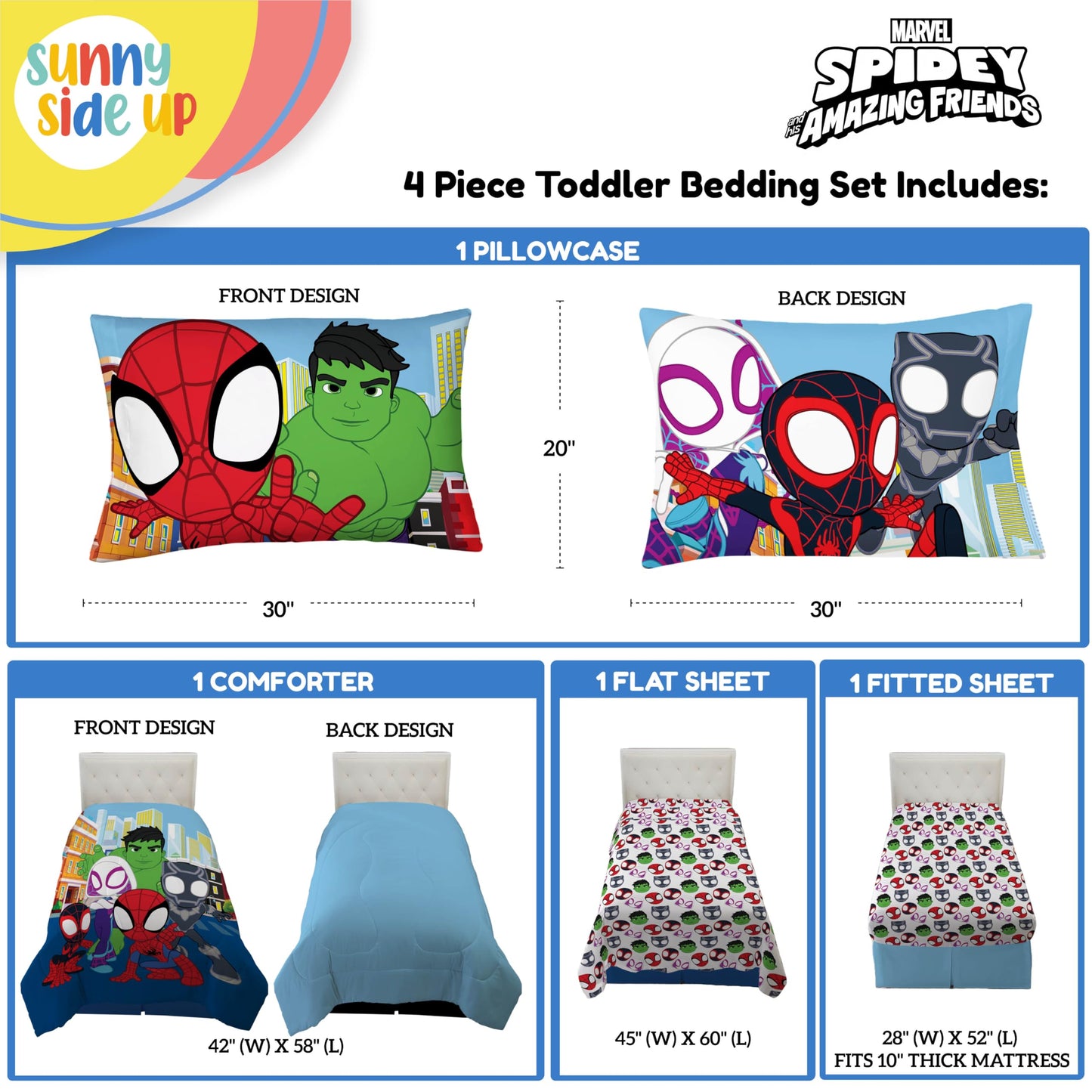 Sunny Side Up Marvel Spidey & His Amazing Friends Toddler Comforter Set - 4 Piece Preschool Bedding Includes Comforter, Sheets &