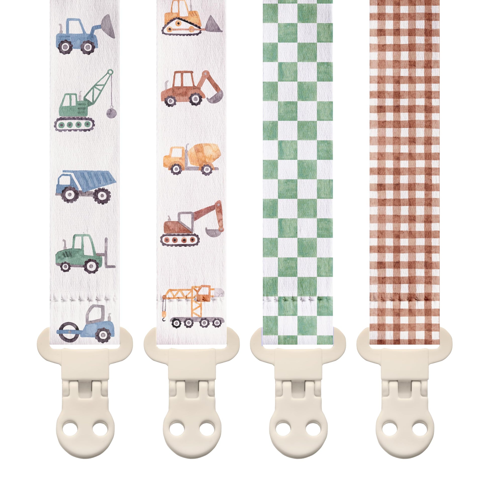 Stadela Baby Fabric Pacifier Clip Holder, Plastic Clip, 4-Pack, Construction Pattern, Otto Set