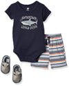 Hudson Baby Unisex Baby Cotton Bodysuit, Shorts And Shoe Set, Shark, 9-12 Months