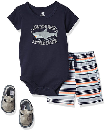 Hudson Baby Unisex Baby Cotton Bodysuit, Shorts And Shoe Set, Shark, 9-12 Months