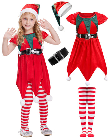 Ikali Girls Elf Costume Christmas Elf Dress Suit For Kids Christmas Santa'S Helper Costume
