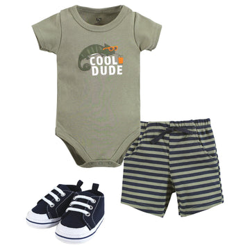 Hudson Baby Unisex Baby Cotton Bodysuit, Shorts And Shoe Set Cool Dude, 9-12 Months