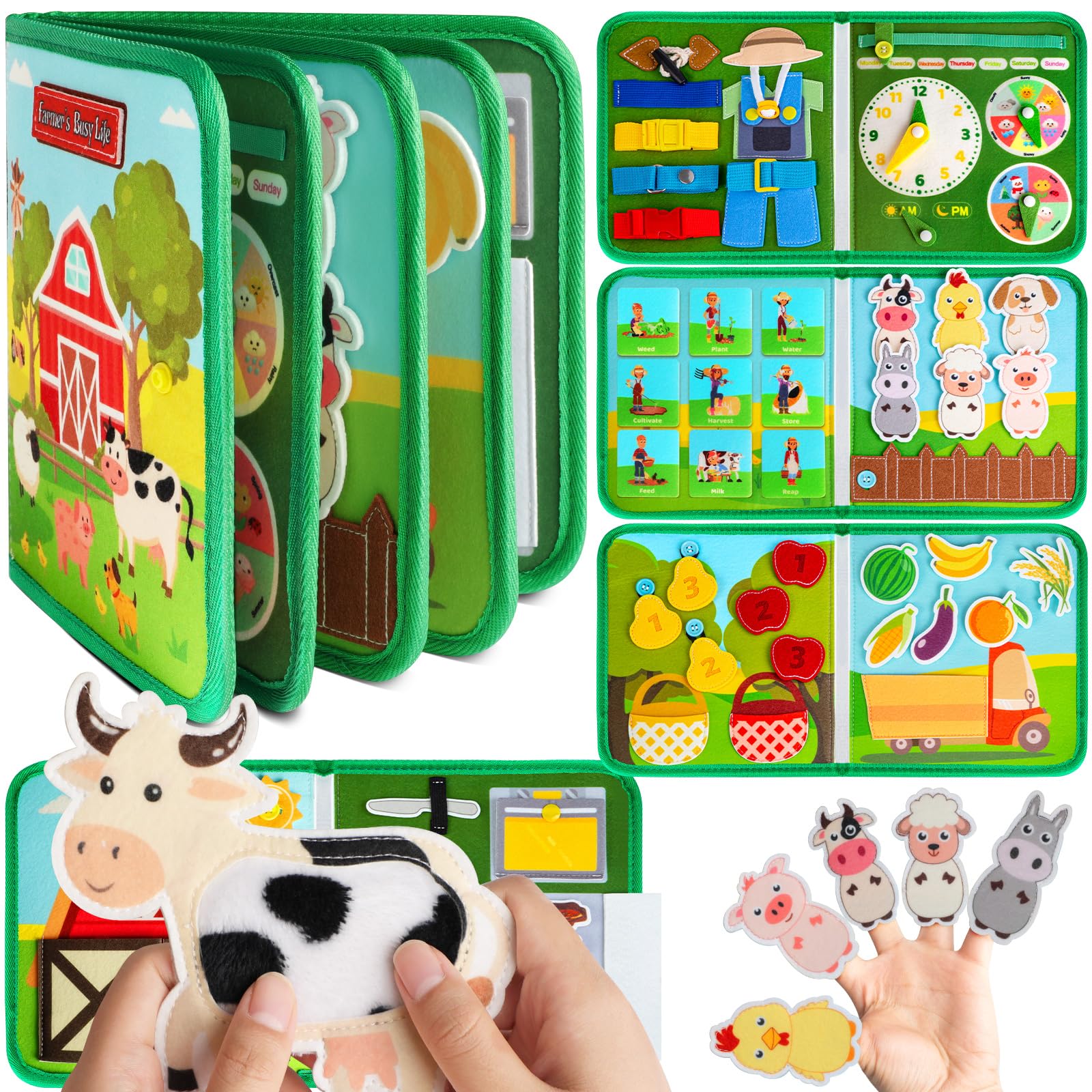 Quanquer Toddler Busy Board Montessori Toys for 1 2 3 4 Year Old - Farm Busy Book Educational Learning Sensory Toys for Boys Gir