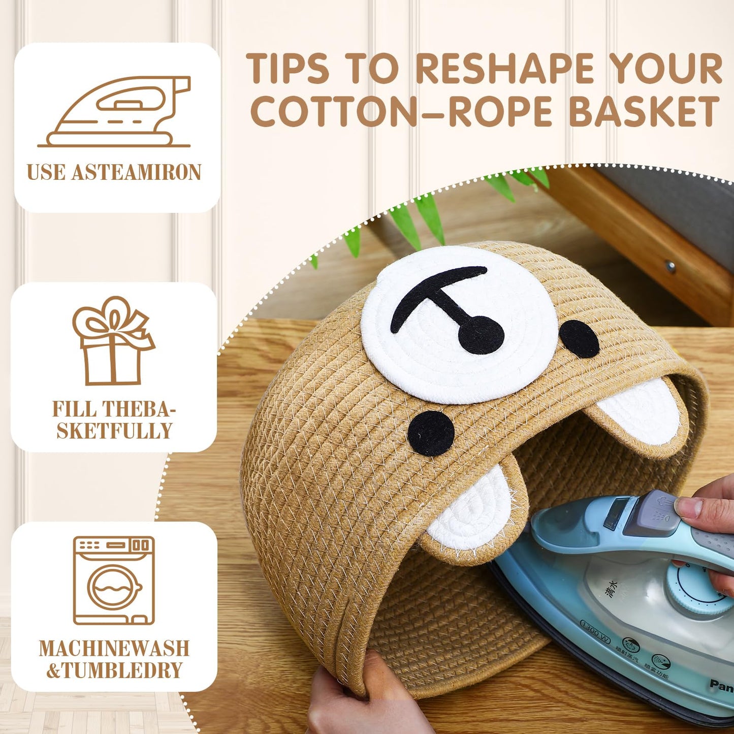Zopeal Baby Basket For Nursery With Gift Bags And Ribbons Cotton Rope Woven Bear Gift Basket With Handles For Living Room Bathro
