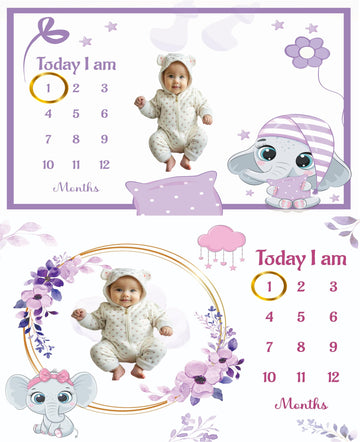 Hoolloomooloo Baby Milestone Blanket Pack of 2 | Purple Sleepy Elephant & Pink Floral Bow Elephant Design | Monthly Photoshoot P