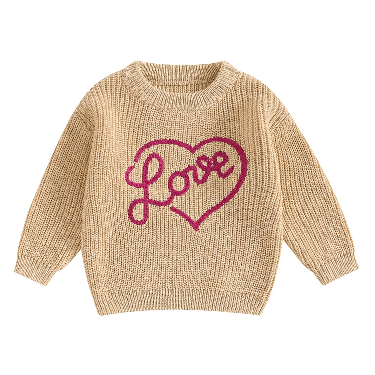 Nokpsedcb Baby Girl Cute Long Sleeve Heart Flowers Embroidery Oversized Sweater Toddler Valentine Outfit (Khaki Love, 2-3 Years)
