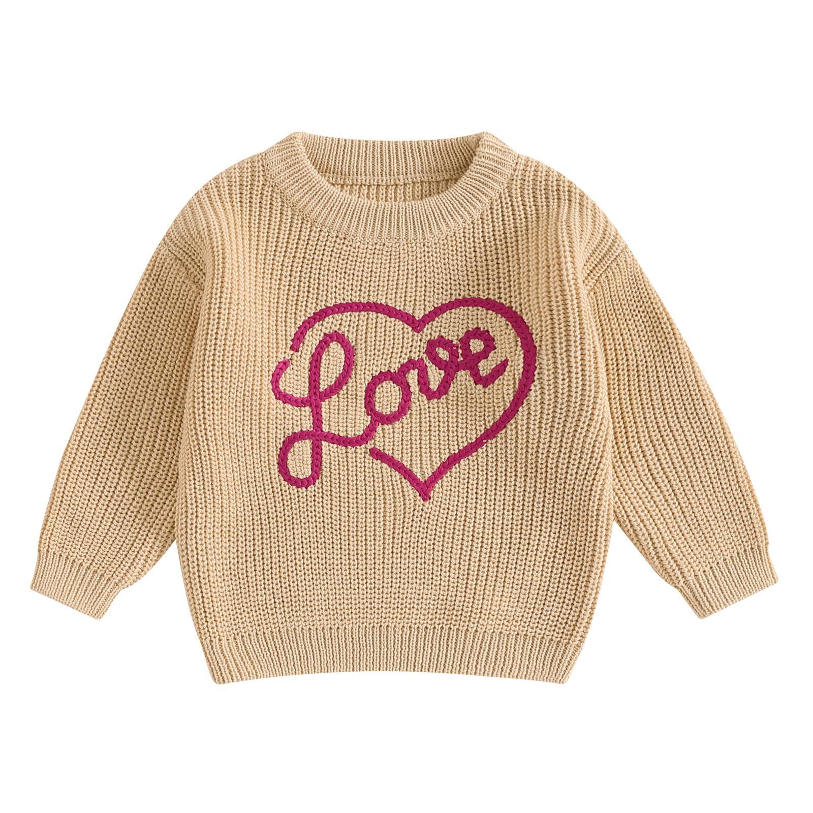 Nokpsedcb Baby Girl Cute Long Sleeve Heart Flowers Embroidery Oversized Sweater Toddler Valentine Outfit (Khaki Love, 18-24 Mont