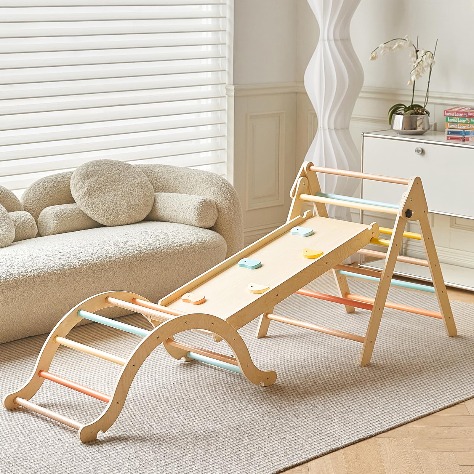 Giant bean Pastel 7 in 1 Pikler Climbing Set with Sliding Ramp & Climbing Arch Ramp, Foldable Wooden Toddler Climbing Toys Indoo