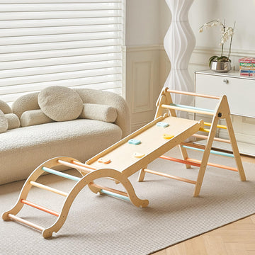 Giant bean Pastel 7 in 1 Pikler Climbing Set with Sliding Ramp & Climbing Arch Ramp, Foldable Wooden Toddler Climbing Toys Indoo