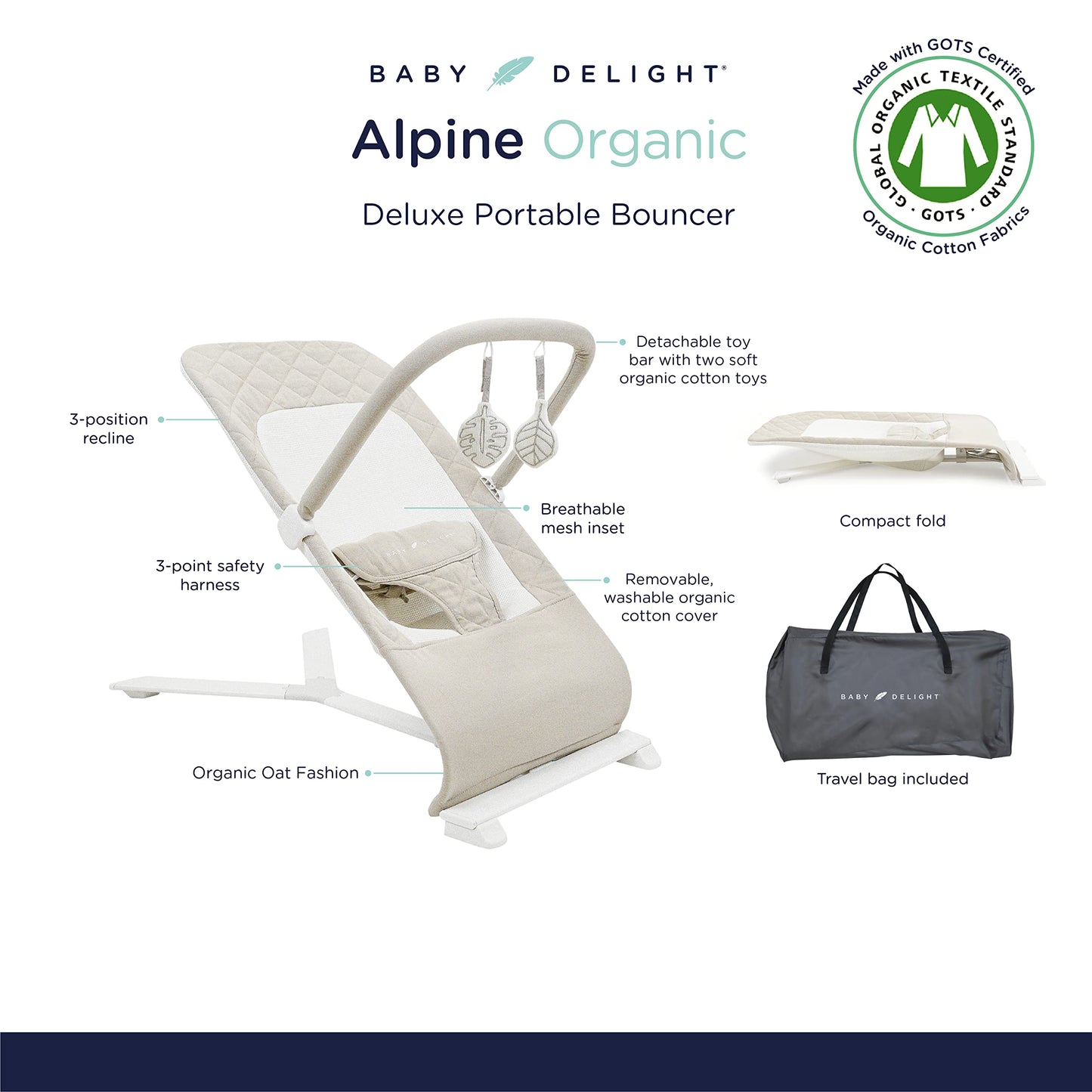 Baby Delight Alpine Deluxe Portable Bouncer, Infant, 0-6 Months, 100% GOTS Certified Cotton Fabrics, Organic Oat