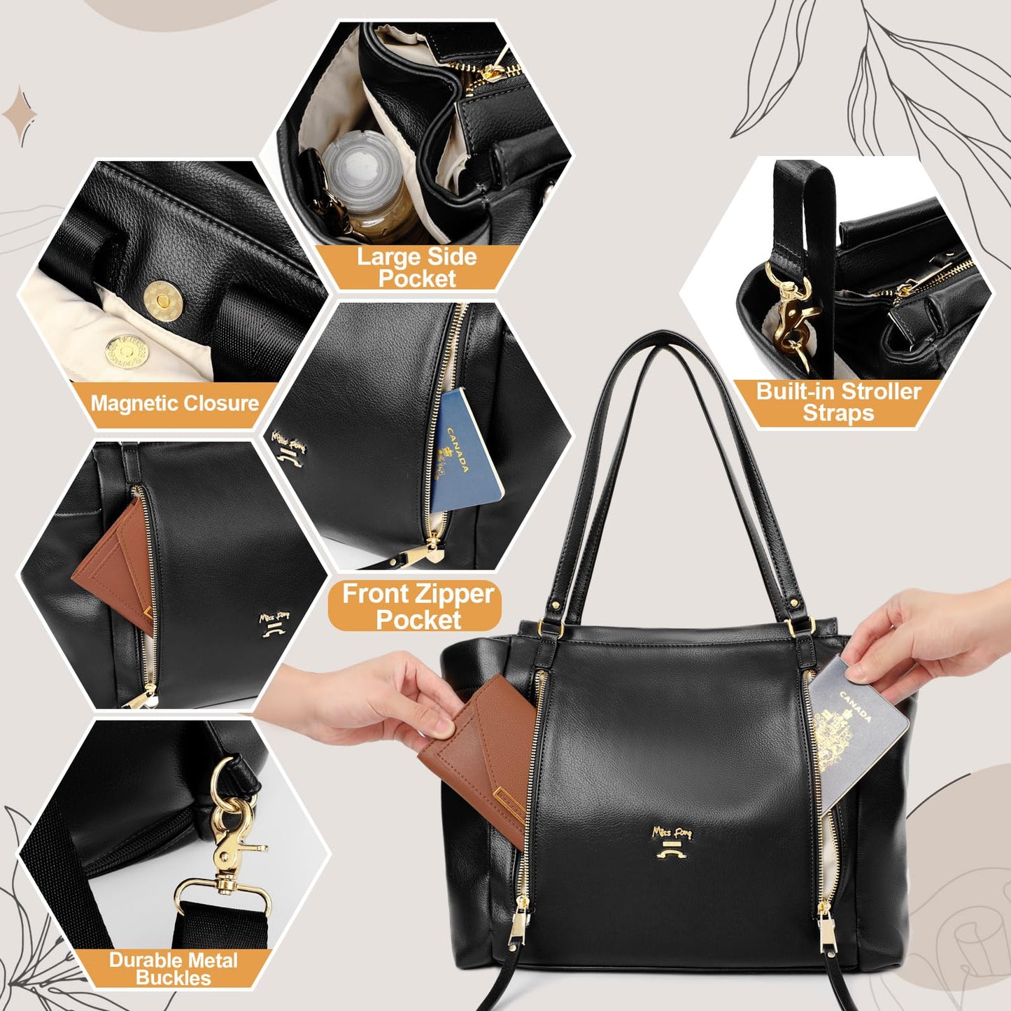 Miss Fong Diaper Bag Tote Leather Diaper Bag Backpack,Large Capacity Mommy Bag Hospital Bag,12 Pockets Travel Diaper Tote With C