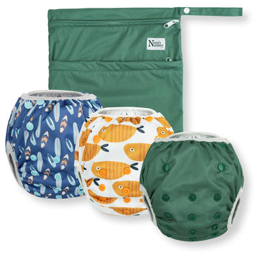 Noras Nursery Reusable Swim Diapers and Wet Bag - One Size Fully Adjustable - Harbor Hues Unisex 3 Pack with Wet Bag