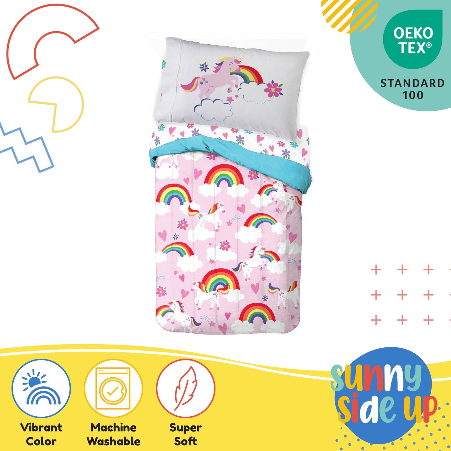 Sunny Side Up Rainbow Unicorns Toddler Comforter Set - 4 Piece Preschool Bedding Includes Comforter, Sheets & Pillow Cover - Sup