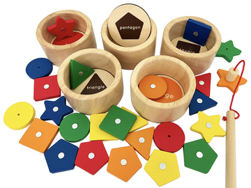 Dailyfunn Montessori Toy Wooden Sorting Cup&Fishing Game 2-in-1 Colors Shapes Sorting Matching Learning Toys for Toddlers 1-3 Ye