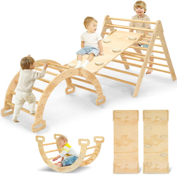 Cozibb Pikler Triangle Set, 5 In 1 Large Wooden Montessori Climbing Toys, Toddlers Indoor Playground, Baby Climbing Set With Ram