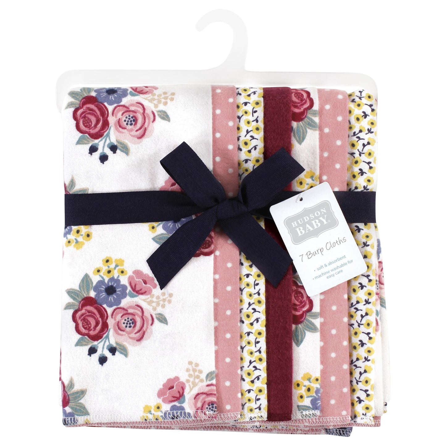 Hudson Baby Unisex Baby Cotton Flannel Burp Cloths, Blush Navy Floral 7-Pack, One Size