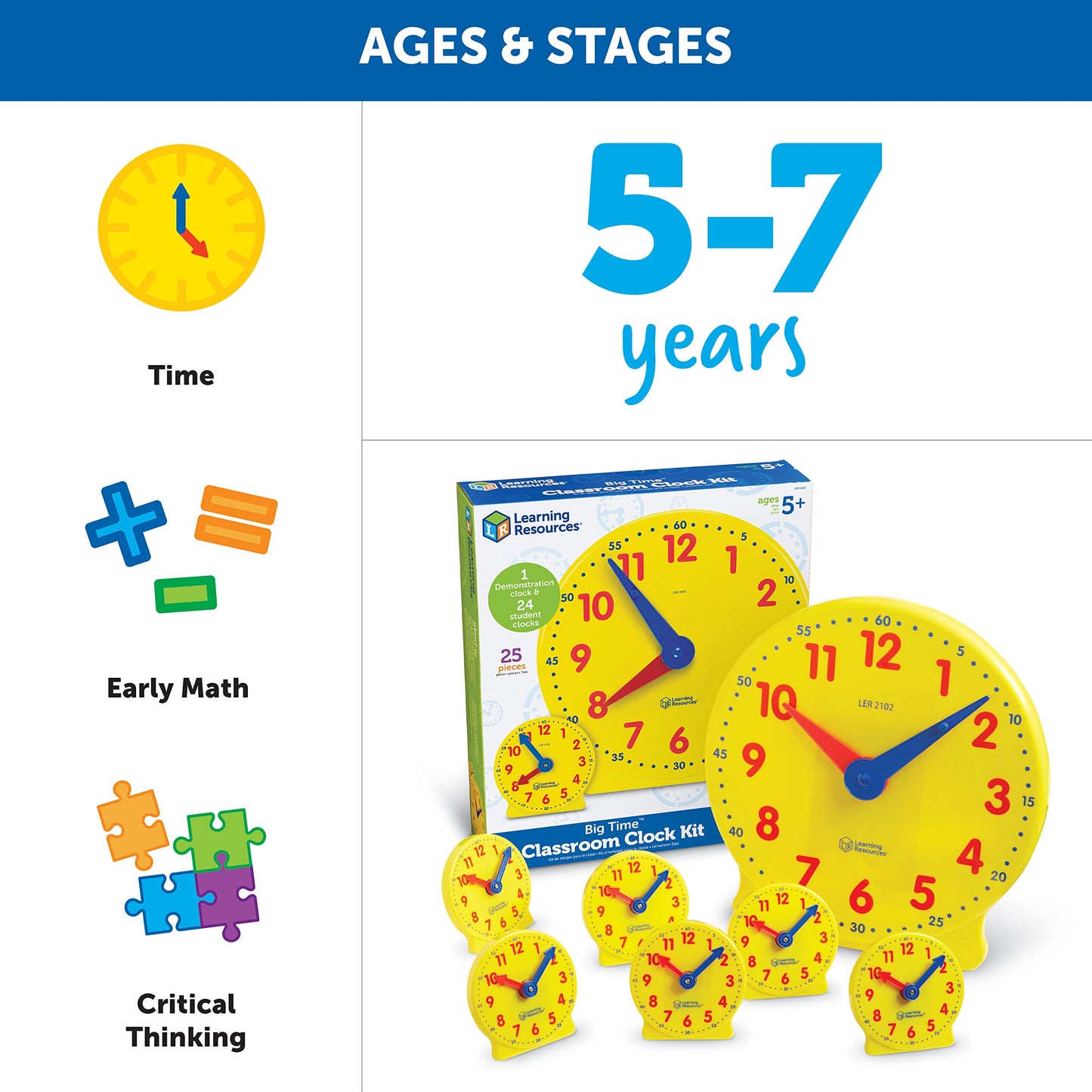 Learning Resources Classroom Clock Kit -25 Pieces, Ages 5+ Clock for Kids, Learning to Tell Time, Clocks for Teaching Time, Teac