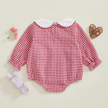 Newborn Baby Girls Valentines Day Clothes Long Sleeve Doll Collar Smocked Heart Embroidery Plaid Bubble Romper Outfit (Red, 12-1