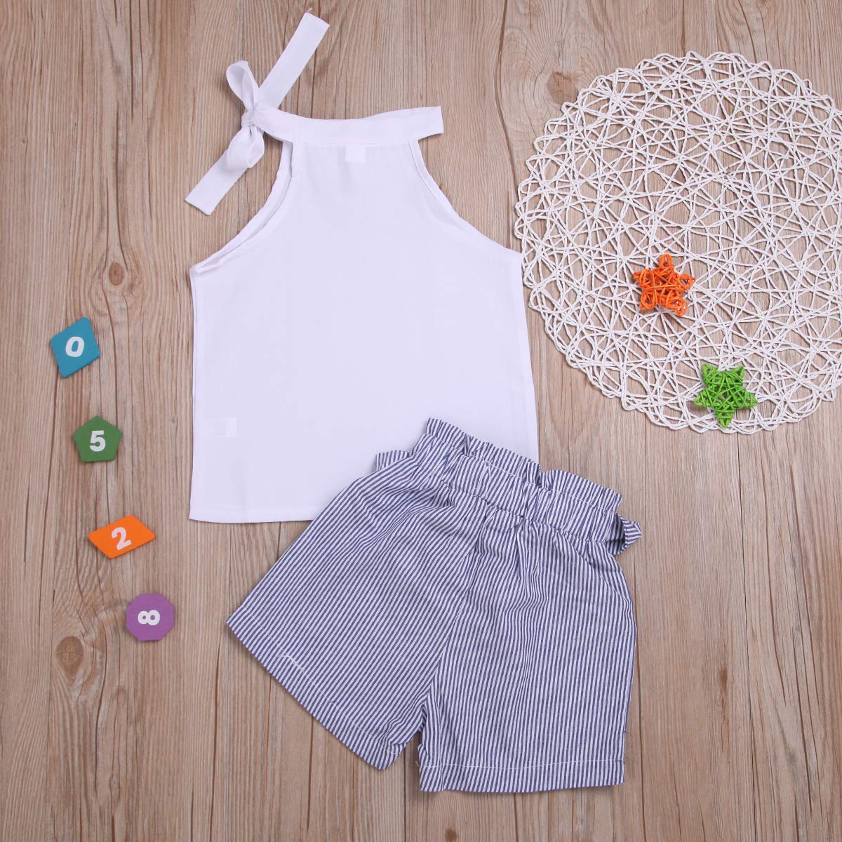 Toddler Baby Girl Sleeveless White Tank Top Shirts+Gray Stripe Shorts Pant With Bow Belt+Headband Summer Clothes Set 1-6T (White