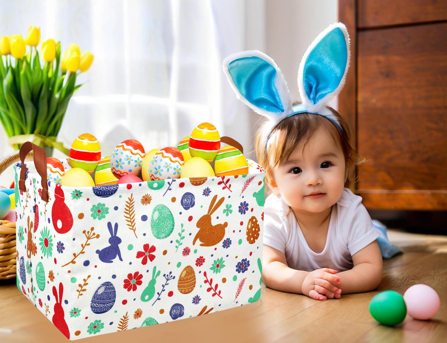 BOOHIT Large Easter Baskets for Kids Teen Boys Personalized Egg Hunting Baskets Baby Girl Fabric Empty Easter Gift Bakset ( boho