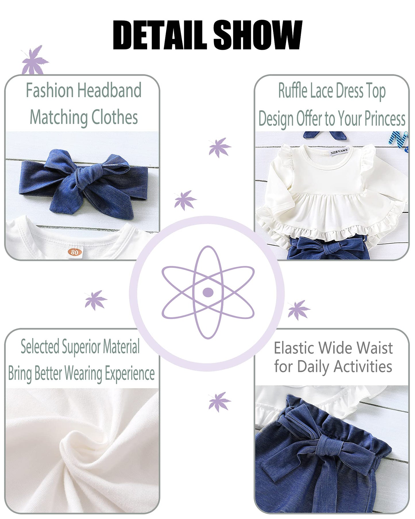 Nzrvaws Infant Toddler Baby 18 Months Girls Clothes Long Sleeve Ruffles White Shirt Tops + Denim Blue Long Pants+ Headband Fall