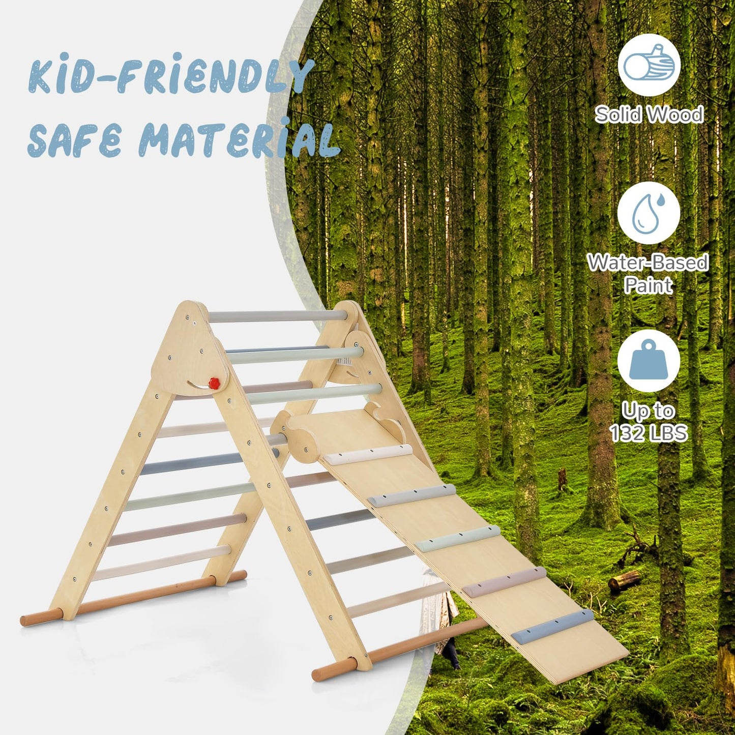 Olakids Pikler Triangle Set 3 In 1 Climbing Toys For Toddlers Foldable Wood Montessori Baby Jungle Gym With Ramp Ladder Slide Ki