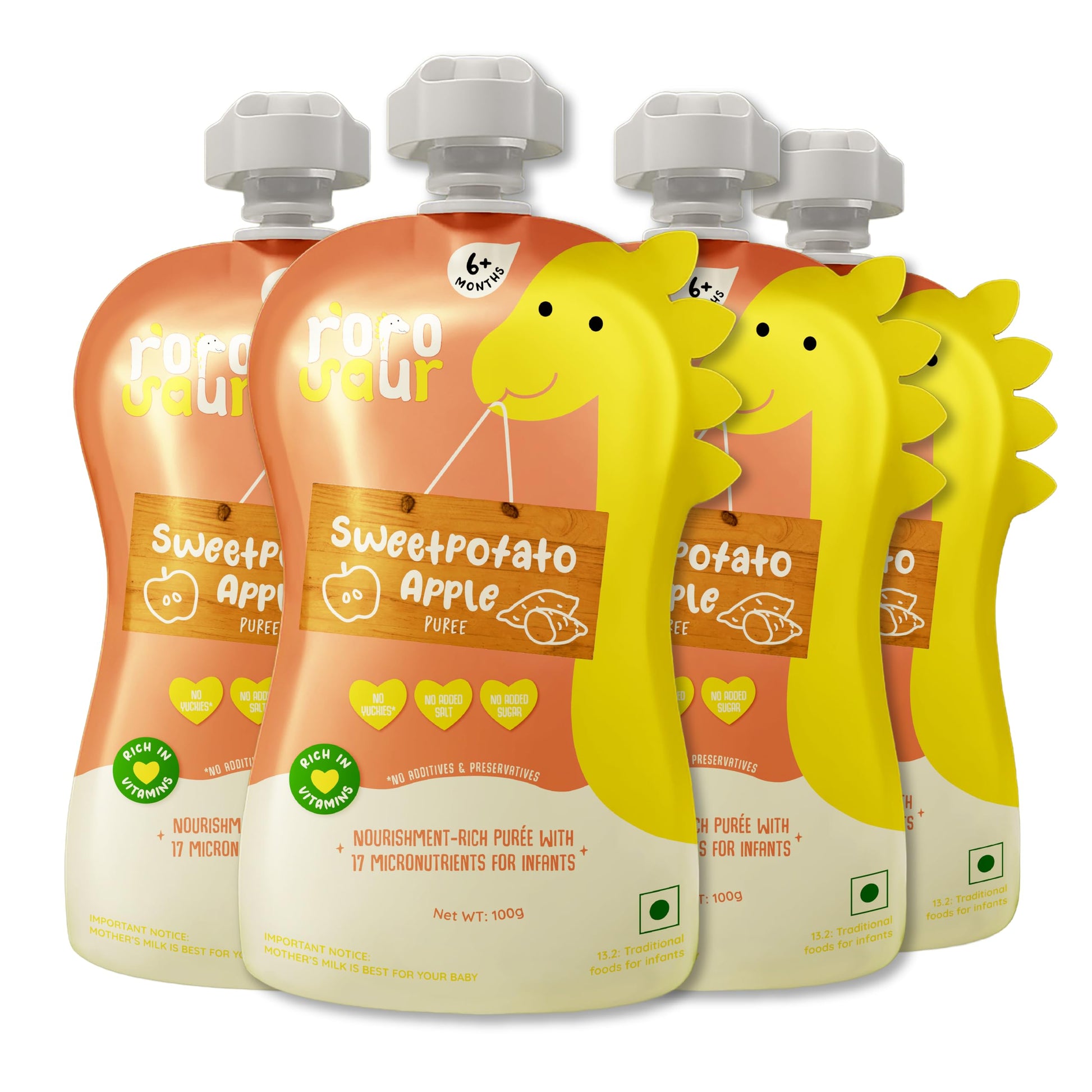 Rorosaur Ready To Eat Fruit & Veggie Baby Food Puree Pouch For 6+ Months 100G Each, Pk Of 4 | Made With Sweet Potato & Apple Pur