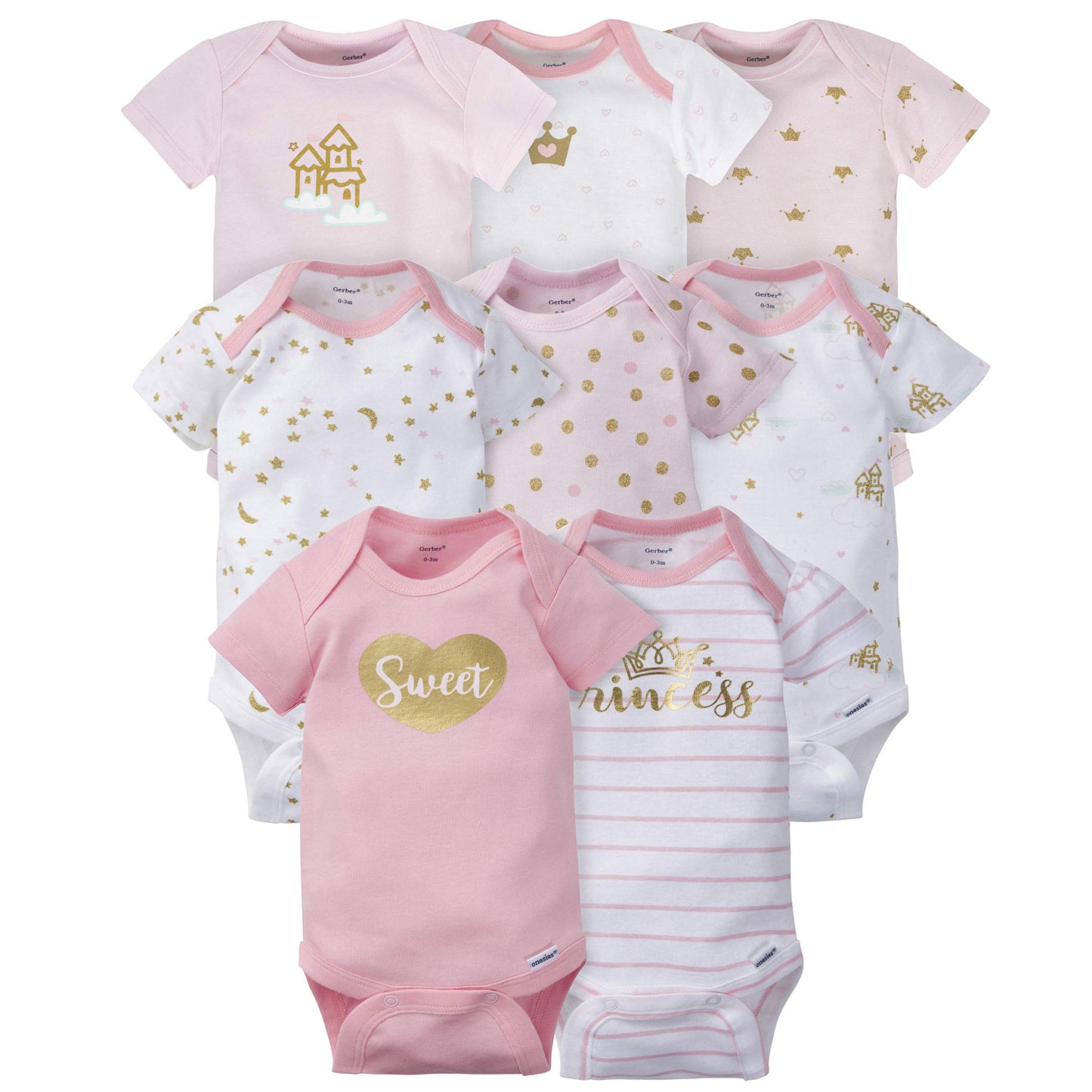 Gerber Baby 8-Pack Short Sleeve Onesies Bodysuits, Castle, 0-3 Months
