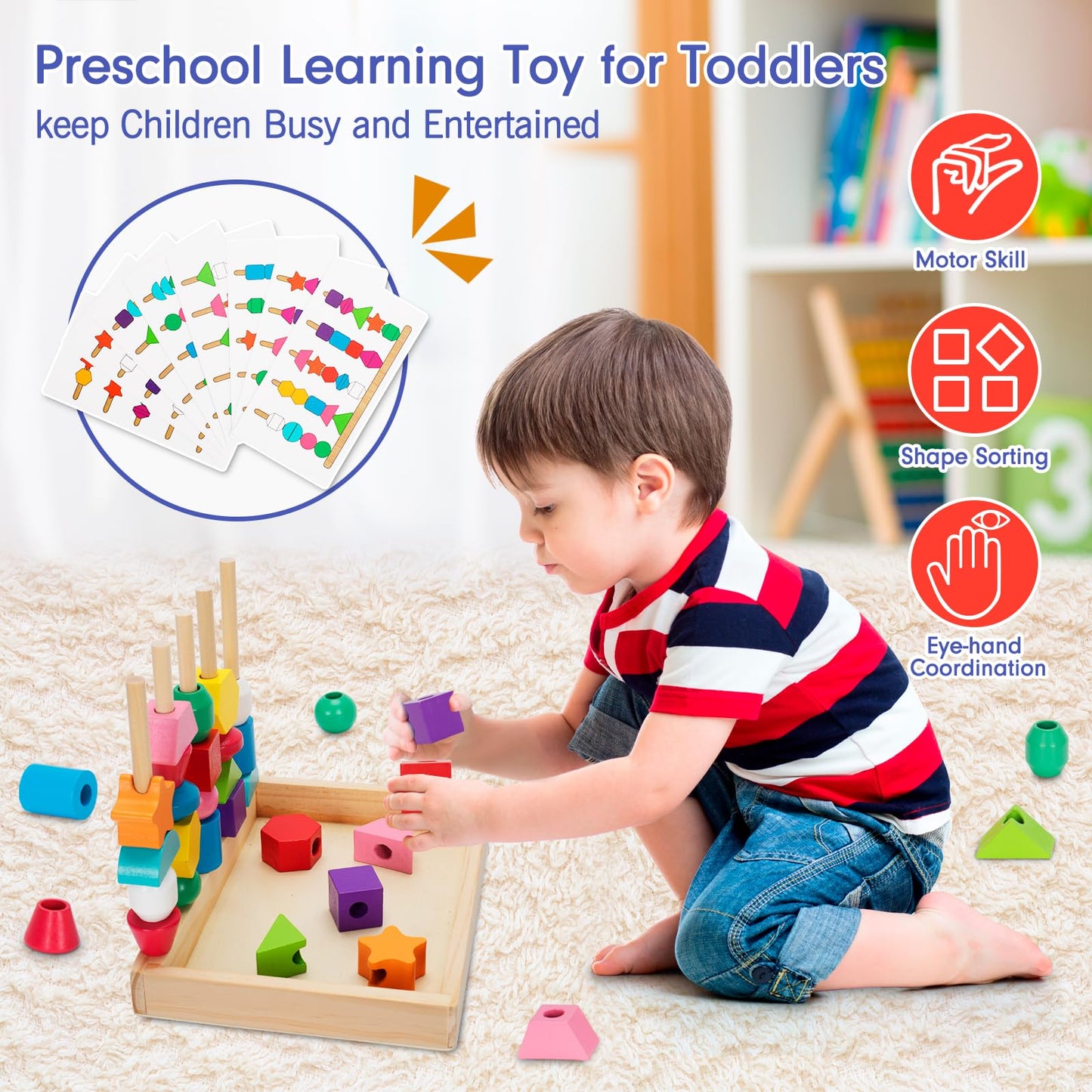 TooyBing Montessori Wooden Lacing Beads Toys for 2 3 4 Year Old Toddler Kids, Sequencing & Stacking Block Toy with Storage Box,