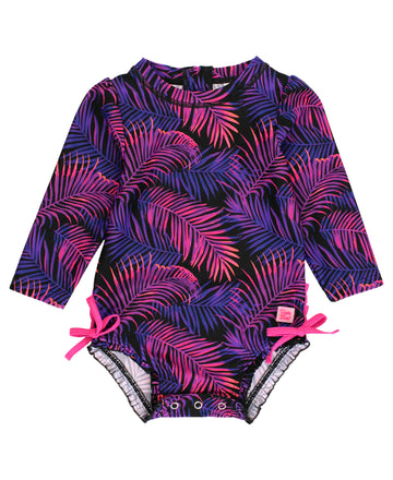 Rufflebutts Baby Girls Upf 50+ Sun Protection Novelty Print Long Sleeve One Piece Rash Guard Swimsuit With Zipper - Marine Glow,