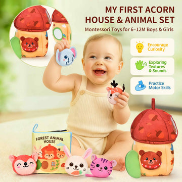8-in-1 Montessori Toys for 1 Year Old & 6-12 Months Babies - Sensory Developmental Playset with Acorn House, Plush Animals & Clo