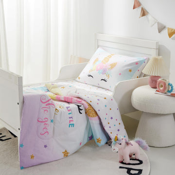 Pinnkku 4-Piece Toddler Bedding Set, Includes 1 Flat Sheet, 1 Fitted Sheet, 1 Comforter And 1 Reversible Pillowcase, Standard To