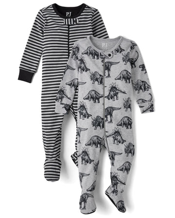 The Children'S Place,Baby Boys,And Toddler Long Sleeve 100% Cotton Zip-Front One Piece Footed Pajama,Dino 2-Pack,3 Months,6 Mont