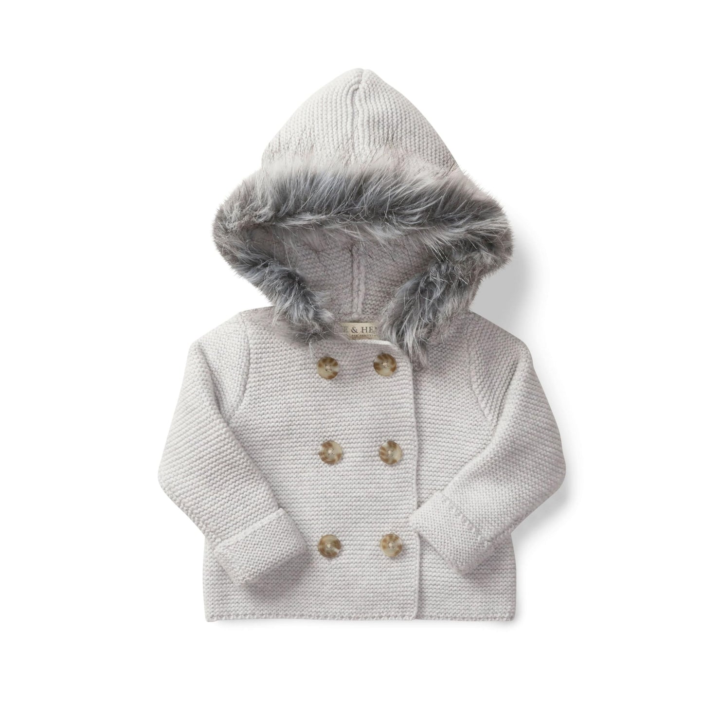 Hope & Henry Layette Grey Baby Sweater With Faux Fur Hood