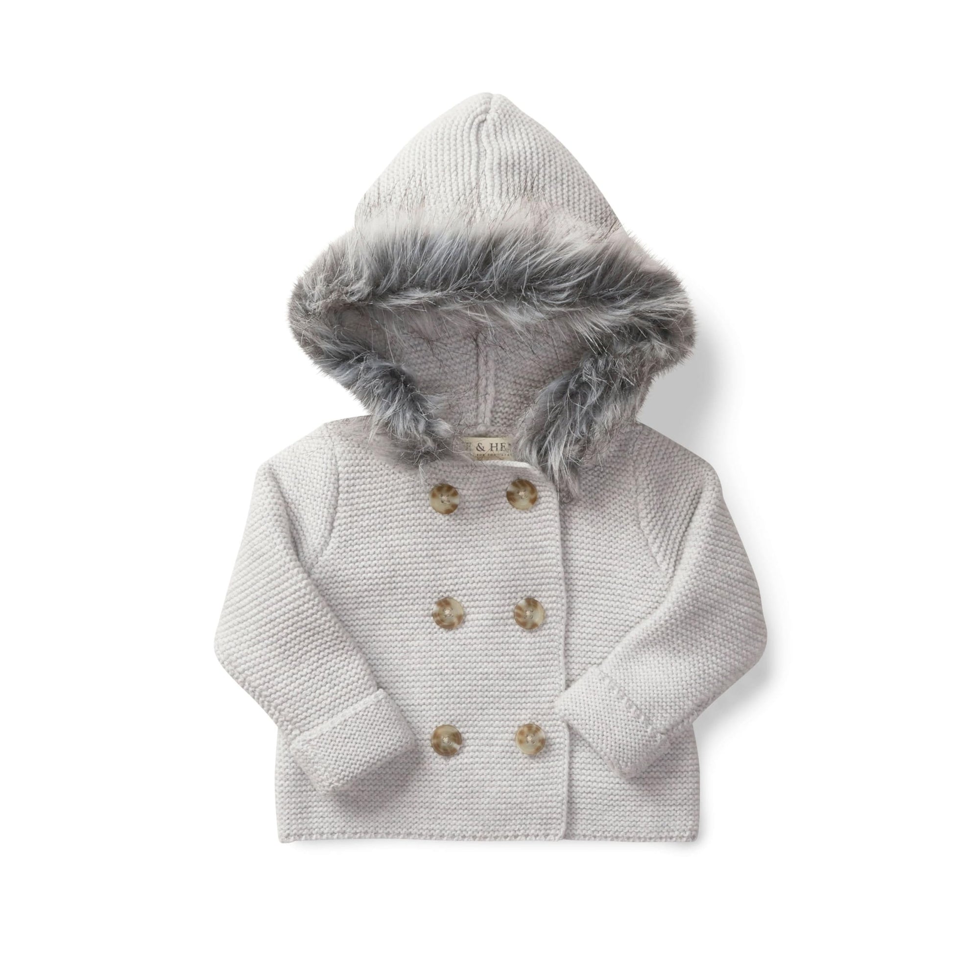 Hope & Henry Layette Grey Baby Sweater With Faux Fur Hood